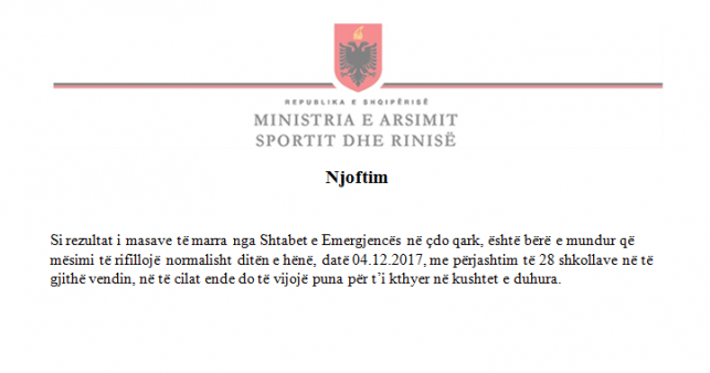 Njoftim mbi vijueshmërinë e procesit mësimor